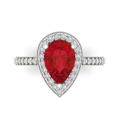 2.36 cttw Simulated Ruby Hidden Halo Engagement Ring - Solid White Gold (VVS1, Pear Cut,10x7mm)