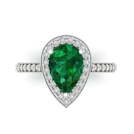 2.36 cttw Simulated Emerald Hidden Halo Engagement Ring - Solid White Gold (VVS1, Pear Cut,10x7mm)