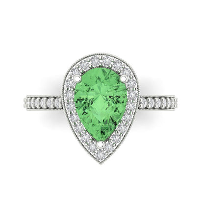 2.36 cttw Zirconia Simulated Green Diamond Hidden Halo Engagement Ring - Solid Gold (VVS1, Pear Cut,10x7mm)