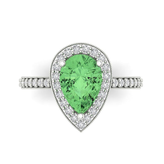 2.36 cttw Zirconia Simulated Green Diamond Hidden Halo Engagement Ring - Solid White Gold (VVS1, Pear Cut,10x7mm)