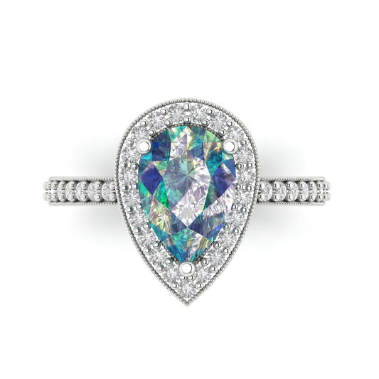 2.36 cttw Blue Moissanite Hidden Halo Engagement Ring - Solid White Gold (VVS1, Pear Cut,10x7mm)
