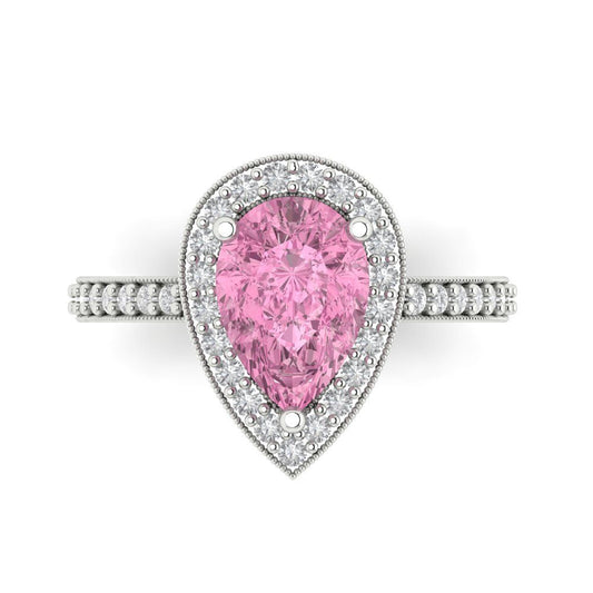 2.36 cttw Zirconia Simulated Pink Diamond Hidden Halo Engagement Ring - Solid White Gold (VVS1, Pear Cut,10x7mm)