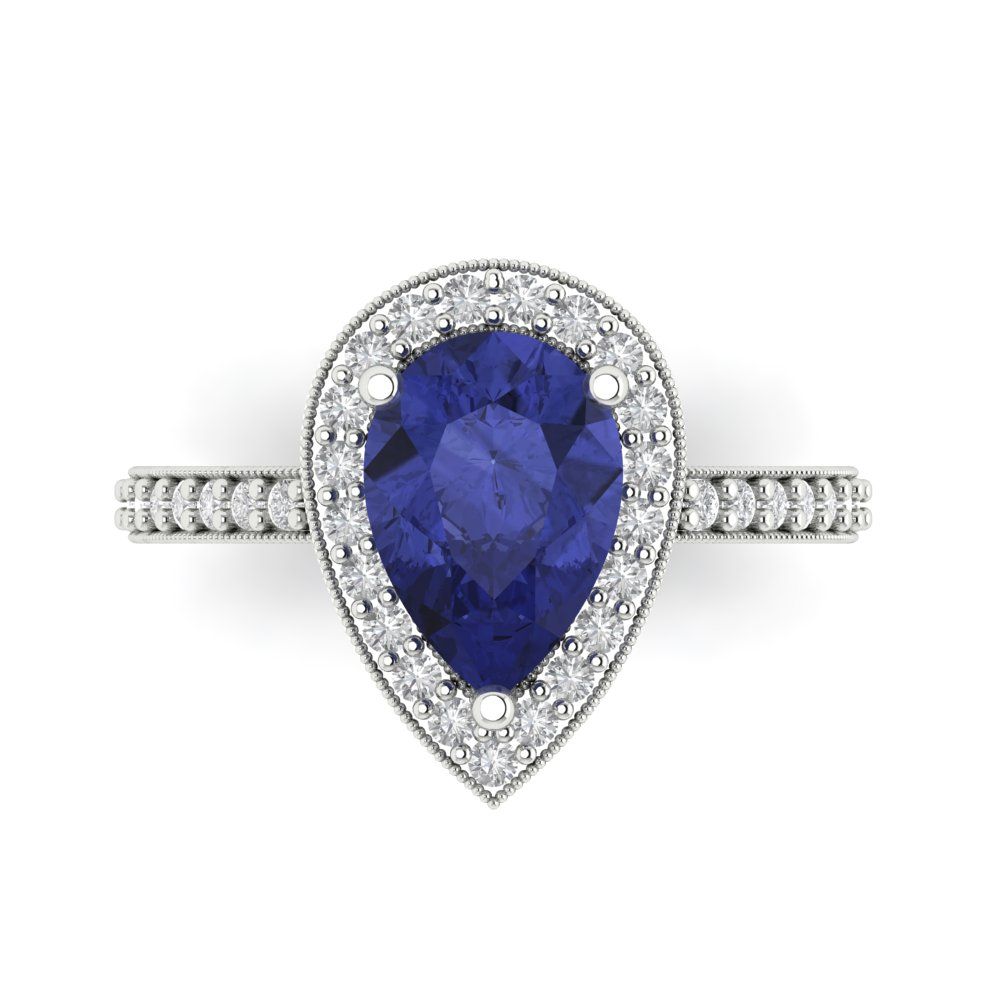 2.36 cttw Simulated Tanzanite Hidden Halo Engagement Ring - Solid Gold (Pear Cut,10x7mm)