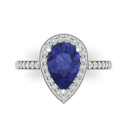 2.36 cttw Simulated Tanzanite Hidden Halo Engagement Ring - Solid Gold (Pear Cut,10x7mm)