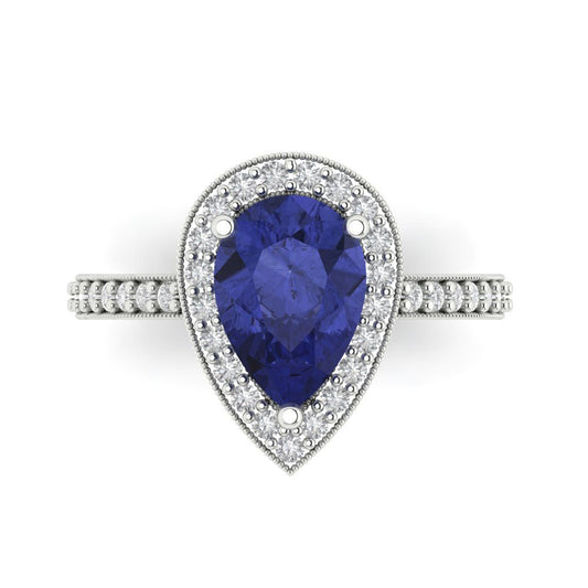 2.36 cttw Simulated Tanzanite Hidden Halo Engagement Ring - Solid White Gold (VVS1, Pear Cut,10x7mm)