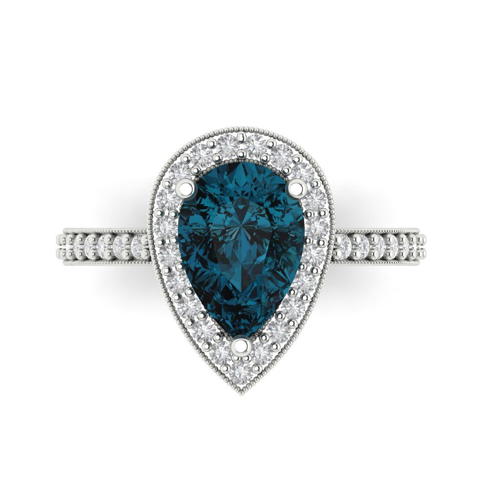 2.36 cttw Natural London Blue Topaz Hidden Halo Engagement Ring - Solid Gold (Pear Cut,10x7mm)