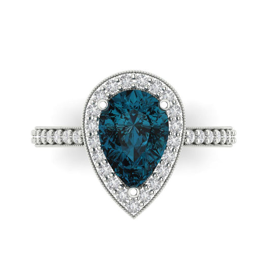 2.36 cttw Natural London Blue Topaz Hidden Halo Engagement Ring - Solid White Gold (VVS1, Pear Cut,10x7mm)