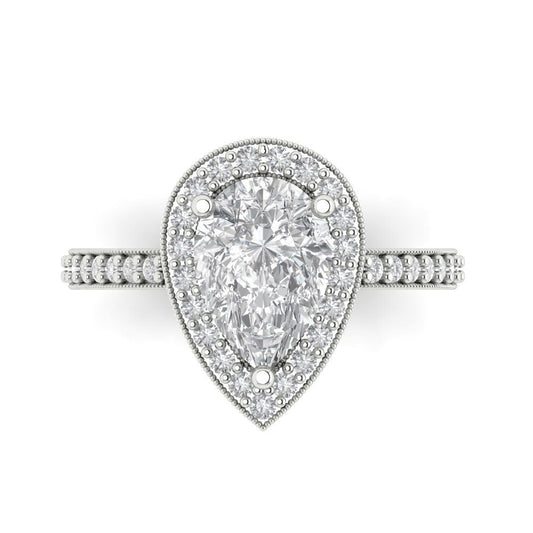 2.36 cttw Moissanite Hidden Halo Engagement Ring - Solid White Gold (VVS1, Pear Cut,10x7mm)