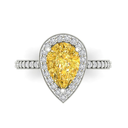 2.36 cttw Zirconia Simulated Yellow Diamond Hidden Halo Engagement Ring - Solid White Gold (VVS1, Pear Cut,10x7mm)