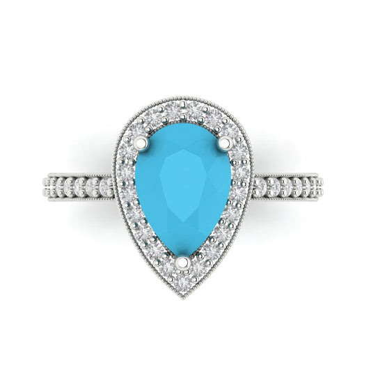 2.36 cttw Simulated Turquoise Hidden Halo Engagement Ring - Solid White Gold (VVS1, Pear Cut,10x7mm)