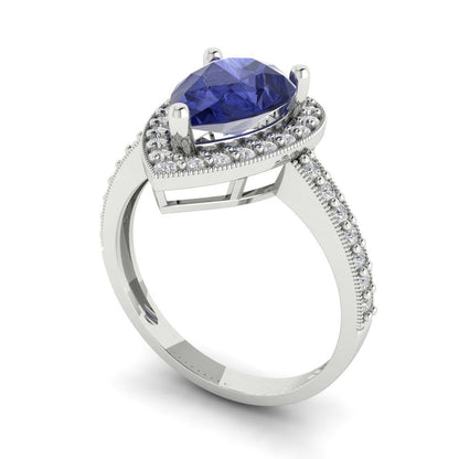 2.36 cttw Simulated Tanzanite Hidden Halo Engagement Ring - Solid Gold (Pear Cut,10x7mm)