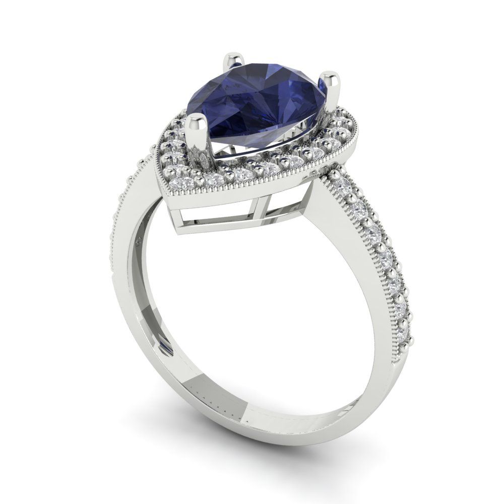 2.36 cttw Simulated Blue Sapphire Hidden Halo Engagement Ring - Solid Gold (Pear Cut,10x7mm)