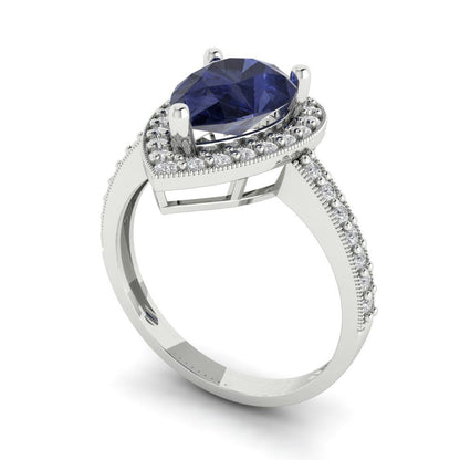 2.36 cttw Simulated Blue Sapphire Hidden Halo Engagement Ring - Solid Gold (Pear Cut,10x7mm)
