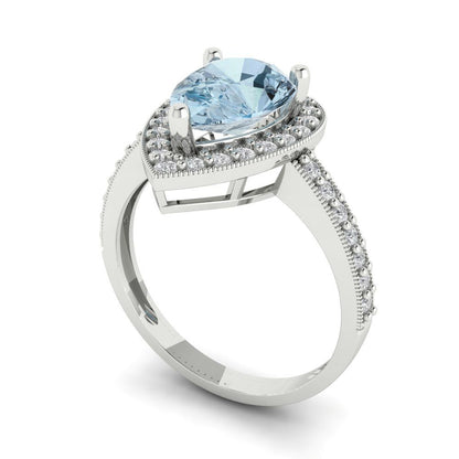 2.36 cttw Zirconia Simulated Blue Diamond Hidden Halo Engagement Ring - Solid Gold (VVS1, Pear Cut,10x7mm)