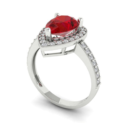 2.36 cttw Simulated Ruby Hidden Halo Engagement Ring - Solid White Gold (VVS1, Pear Cut,10x7mm)