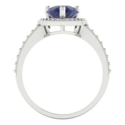 2.36 cttw Simulated Blue Sapphire Hidden Halo Engagement Ring - Solid Gold (Pear Cut,10x7mm)