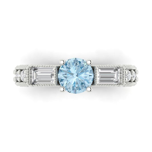 2.33 cttw Natural Aquamarine Three-Stone Engagement Ring - Solid White Gold (VVS1, Round Cut,6.5mm)