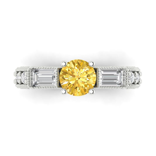 2.33 cttw Zirconia Simulated Yellow Diamond Three-Stone Engagement Ring - Solid White Gold (VVS1, Round Cut,6.5mm)