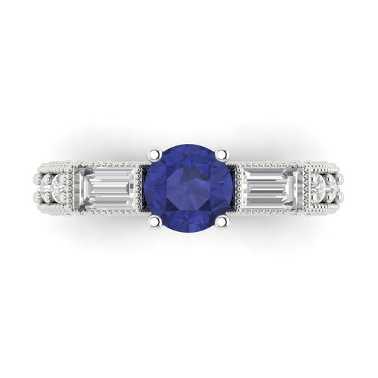 2.33 cttw Simulated Tanzanite Three-Stone Engagement Ring - Solid White Gold (VVS1, Round Cut,6.5mm)