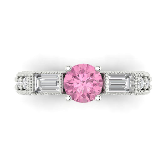 2.33 cttw Zirconia Simulated Pink Diamond Three-Stone Engagement Ring - Solid White Gold (VVS1, Round Cut,6.5mm)