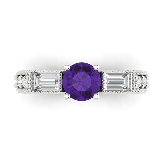 2.33 cttw Natural Amethyst Three-Stone Engagement Ring - Solid White Gold (VVS1, Round Cut,6.5mm)