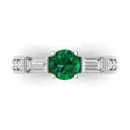 2.33 cttw Simulated Emerald Three-Stone Engagement Ring - Solid White Gold (VVS1, Round Cut,6.5mm)