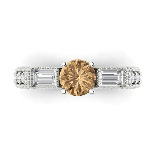 2.33 cttw Zirconia Simulated Champagne Diamond Three-Stone Engagement Ring - Solid White Gold (VVS1, Round Cut,6.5mm)