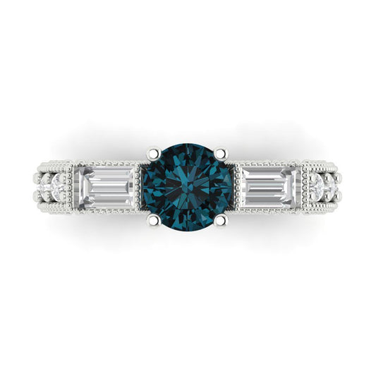 2.33 cttw Natural London Blue Topaz Three-Stone Engagement Ring - Solid White Gold (VVS1, Round Cut,6.5mm)