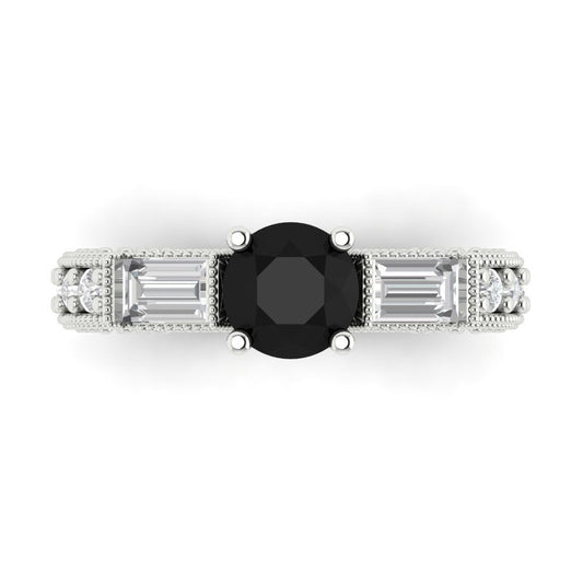 2.33 cttw Natural Onyx Three-Stone Engagement Ring - Solid White Gold (VVS1, Round Cut,6.5mm)