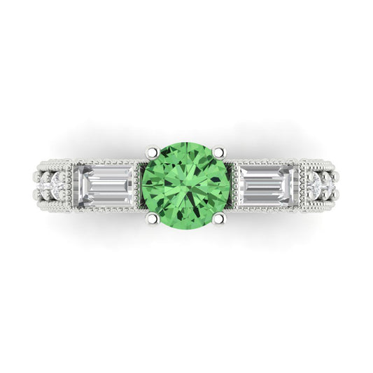 2.33 cttw Zirconia Simulated Green Diamond Three-Stone Engagement Ring - Solid White Gold (VVS1, Round Cut,6.5mm)