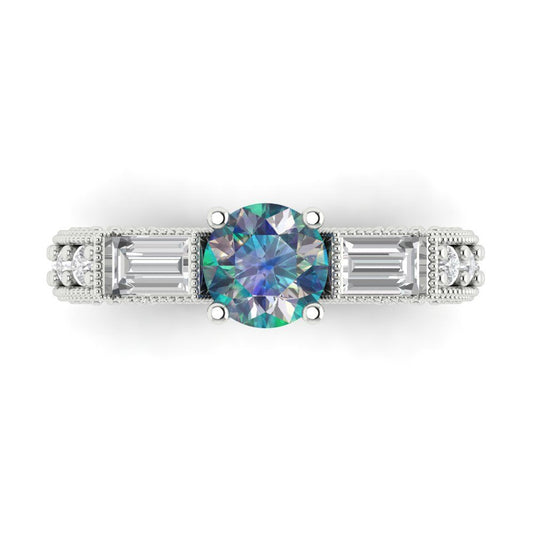 2.33 cttw Blue Moissanite Three-Stone Engagement Ring - Solid White Gold (VVS1, Round Cut,6.5mm)