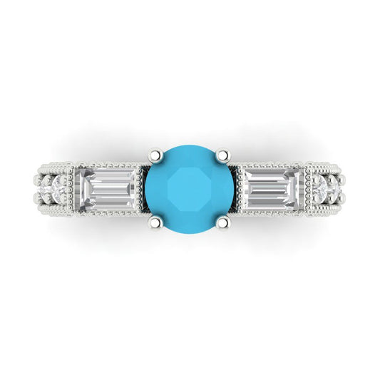 2.33 cttw Simulated Turquoise Three-Stone Engagement Ring - Solid White Gold (VVS1, Round Cut,6.5mm)