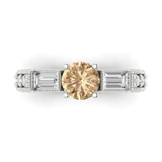 2.33 cttw Yellow Moissanite Three-Stone Engagement Ring - Solid White Gold (VVS1, Round Cut,6.5mm)