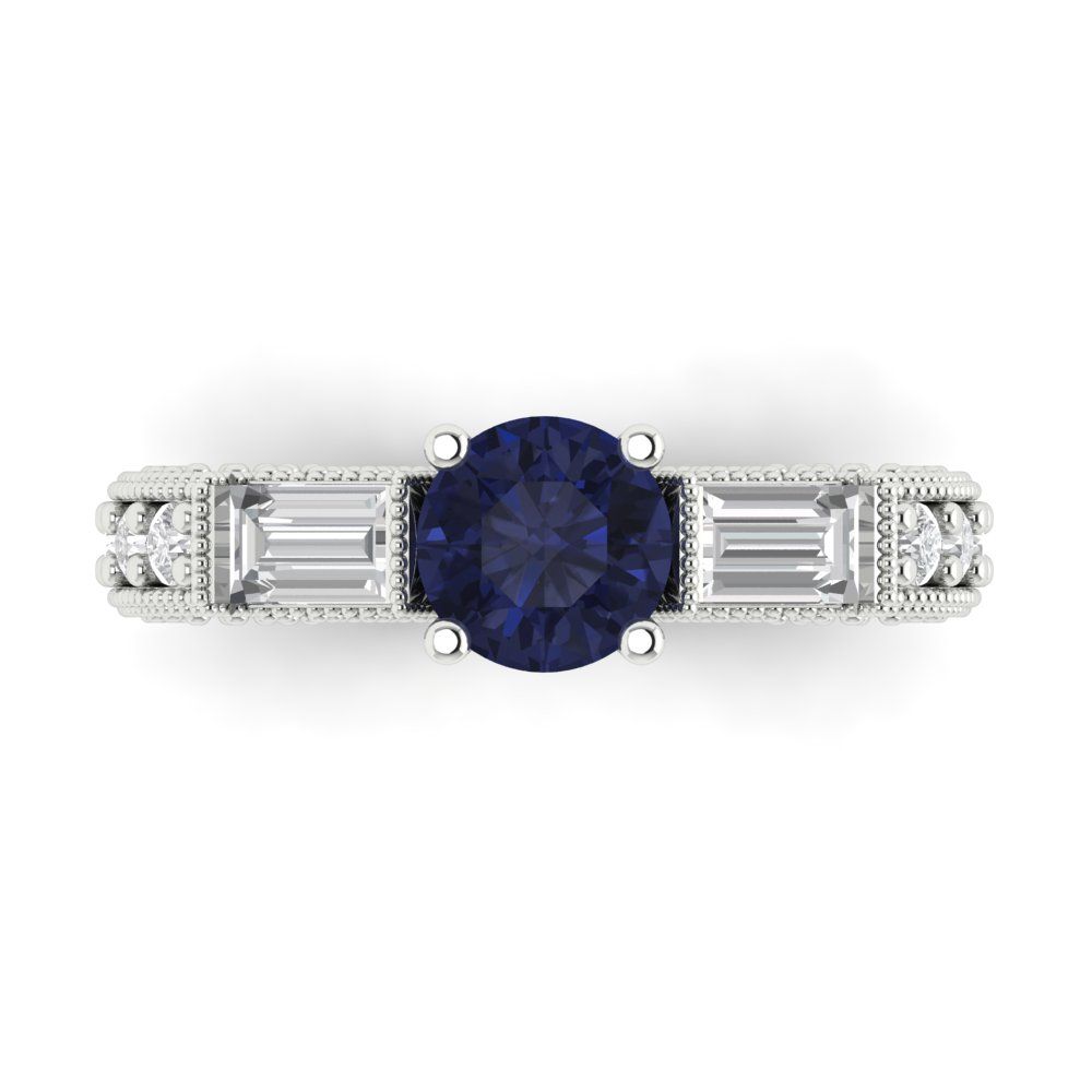 2.33 cttw Simulated Blue Sapphire Three-Stone Engagement Ring - Solid Gold (Round Cut,6.5mm)