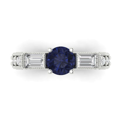 2.33 cttw Simulated Blue Sapphire Three-Stone Engagement Ring - Solid Gold (Round Cut,6.5mm)