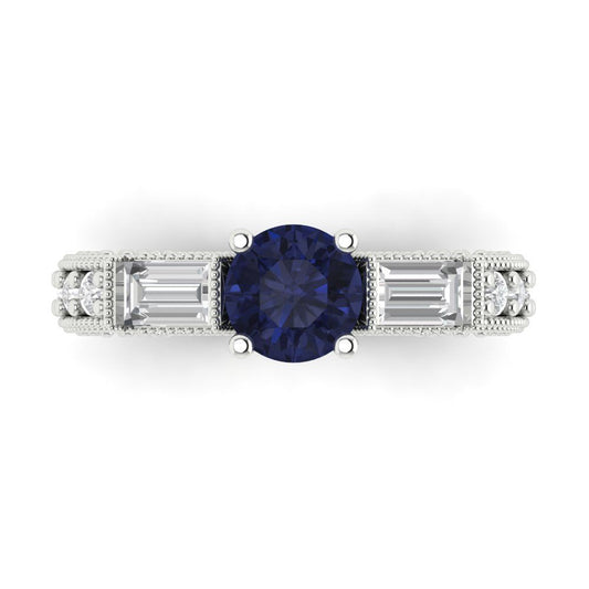 2.33 cttw Simulated Blue Sapphire Three-Stone Engagement Ring - Solid White Gold (VVS1, Round Cut,6.5mm)