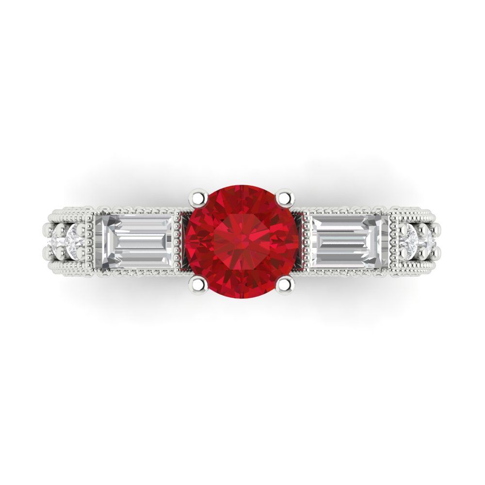 2.33 cttw Simulated Ruby Three-Stone Engagement Ring - Solid White Gold (VVS1, Round Cut,6.5mm)