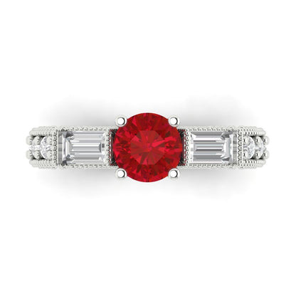 2.33 cttw Simulated Ruby Three-Stone Engagement Ring - Solid White Gold (VVS1, Round Cut,6.5mm)