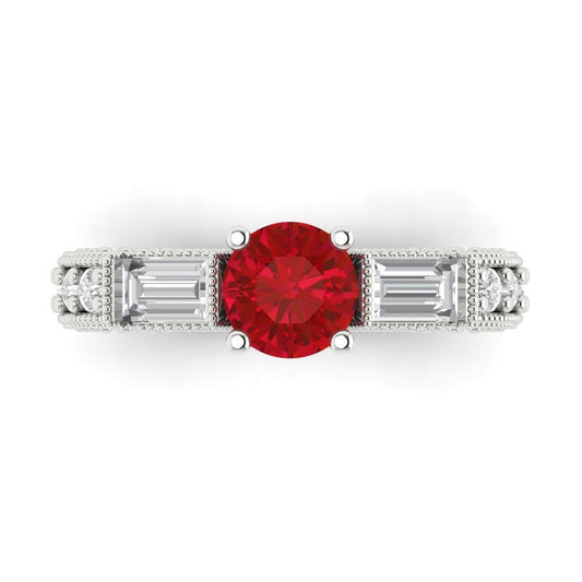 2.33 cttw Simulated Ruby Three-Stone Engagement Ring - Solid White Gold (VVS1, Round Cut,6.5mm)