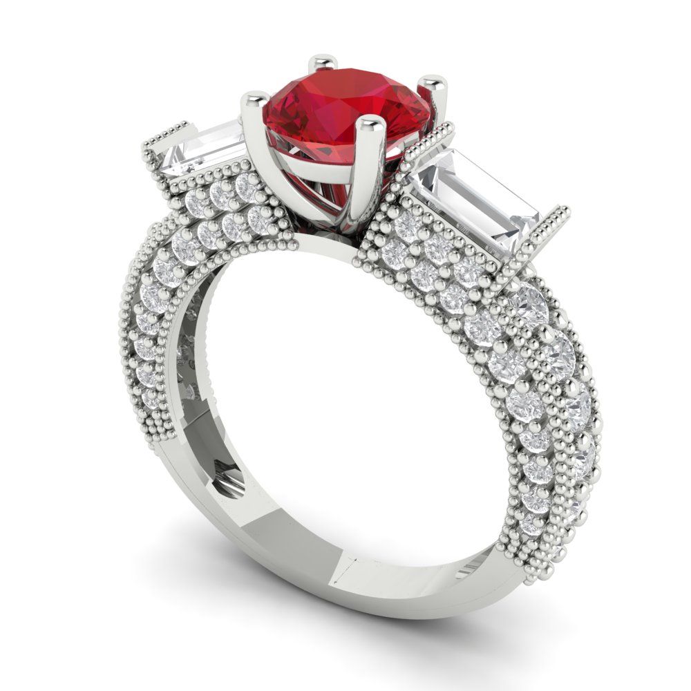 2.33 cttw Simulated Ruby Three-Stone Engagement Ring - Solid White Gold (VVS1, Round Cut,6.5mm)