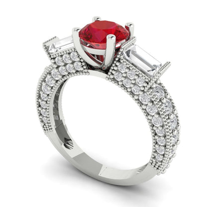 2.33 cttw Simulated Ruby Three-Stone Engagement Ring - Solid White Gold (VVS1, Round Cut,6.5mm)