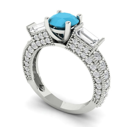 2.33 cttw Simulated Turquoise Three-Stone Engagement Ring - Solid Gold (Round Cut,6.5mm)