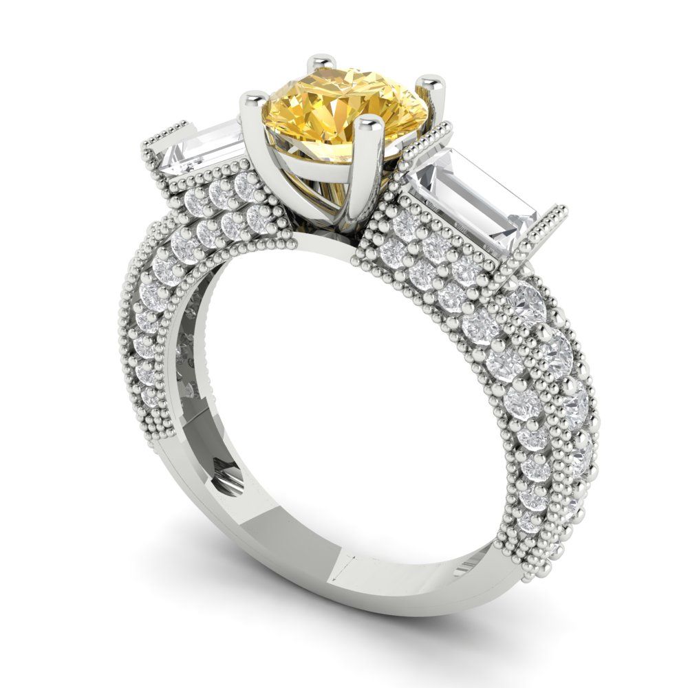 2.33 cttw Zirconia Simulated Yellow Diamond Three-Stone Engagement Ring - Solid Gold (VVS1, Round Cut,6.5mm)