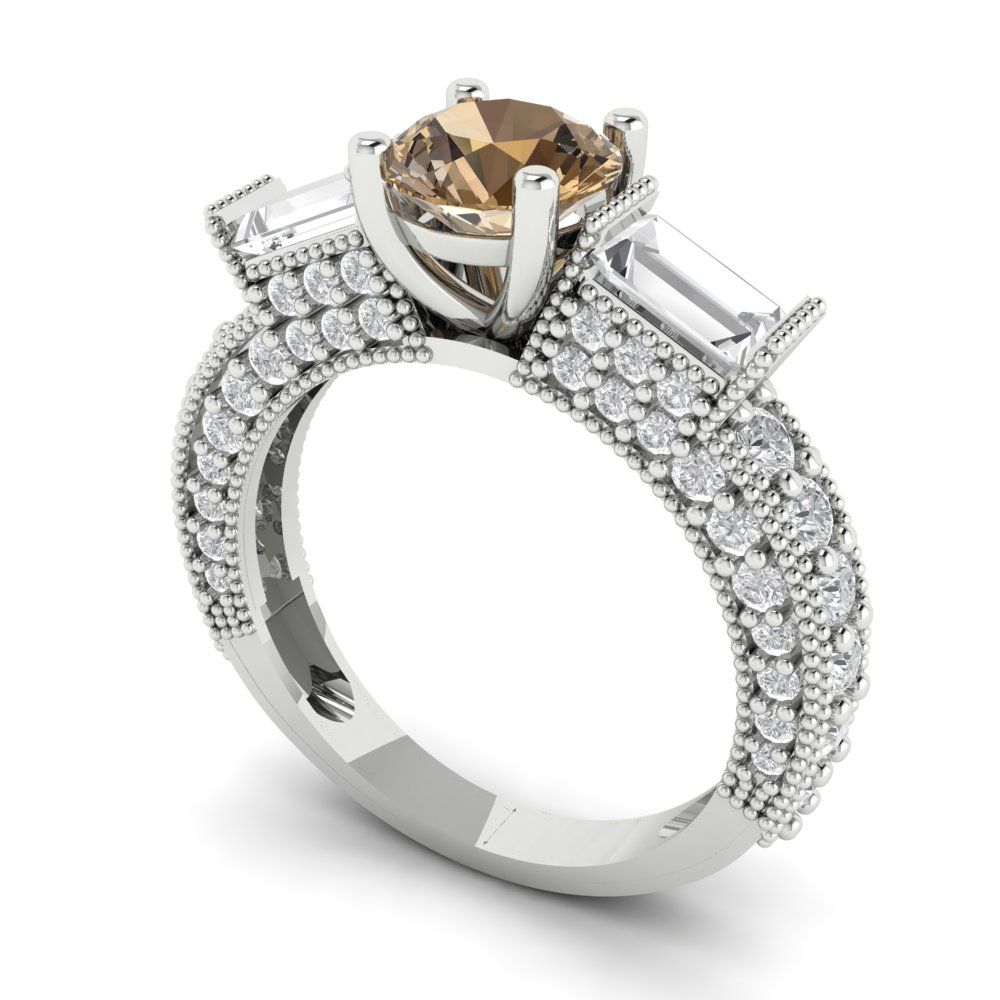 2.33 cttw Zirconia Simulated Champagne Diamond Three-Stone Engagement Ring - Solid Gold (VVS1, Round Cut,6.5mm)