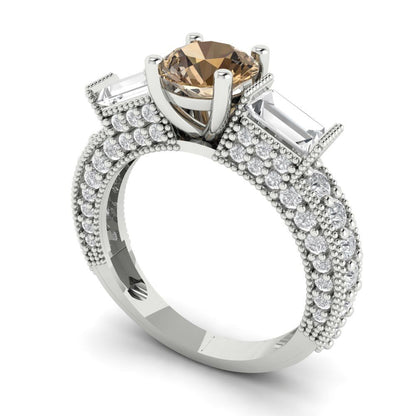 2.33 cttw Zirconia Simulated Champagne Diamond Three-Stone Engagement Ring - Solid Gold (VVS1, Round Cut,6.5mm)