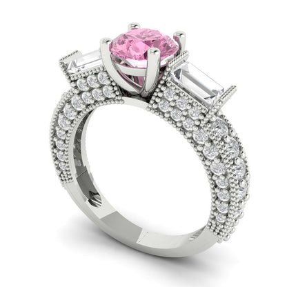 2.33 cttw Zirconia Simulated Pink Diamond Three-Stone Engagement Ring - Solid Gold (VVS1, Round Cut,6.5mm)