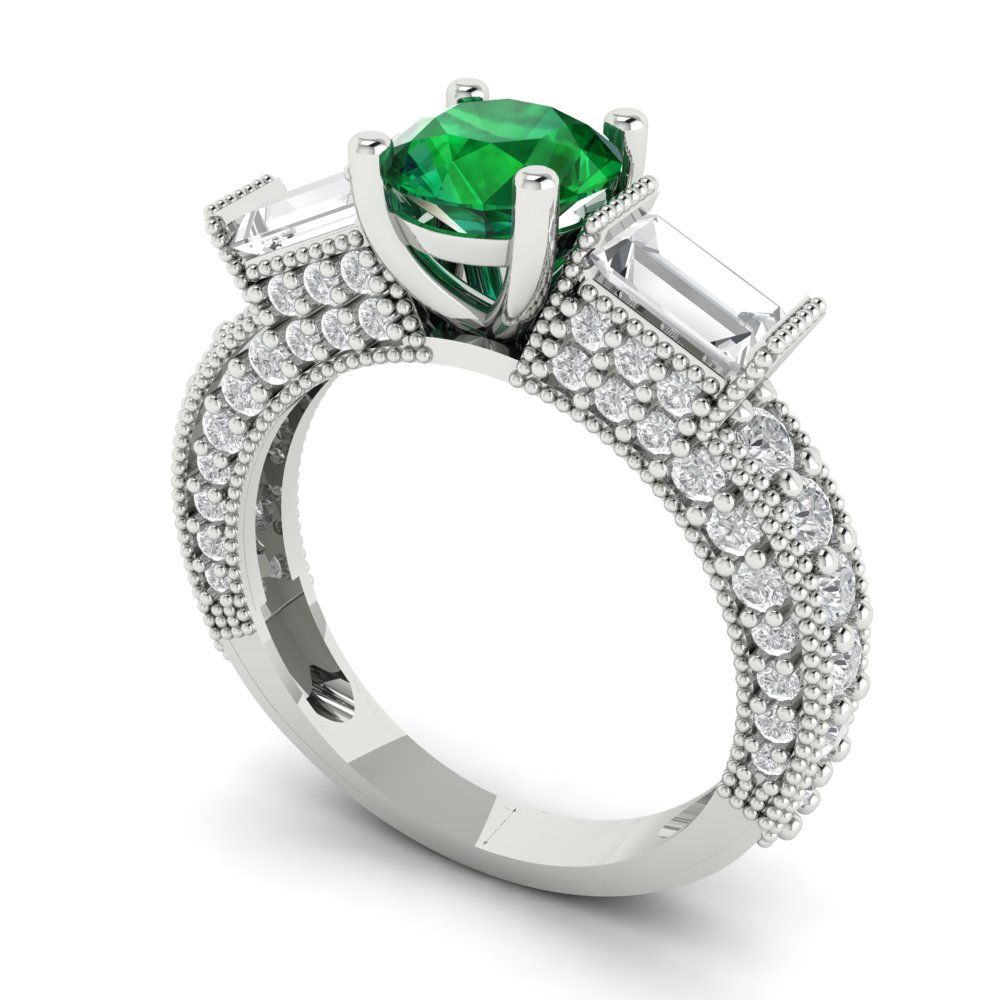 2.33 cttw Simulated Emerald Three-Stone Engagement Ring - Solid Gold (Round Cut,6.5mm)