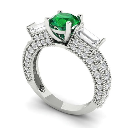 2.33 cttw Simulated Emerald Three-Stone Engagement Ring - Solid Gold (Round Cut,6.5mm)