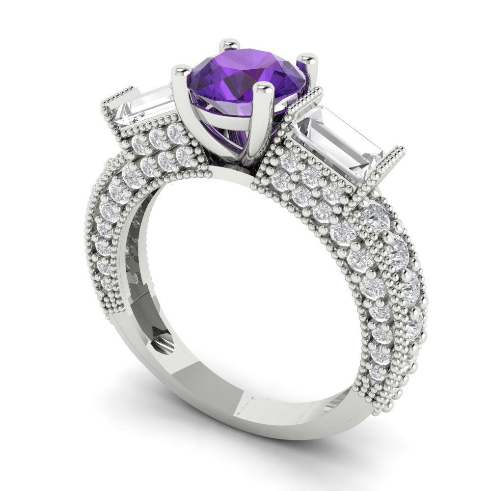 2.33 cttw Natural Amethyst Three-Stone Engagement Ring - Solid Gold (Round Cut,6.5mm)