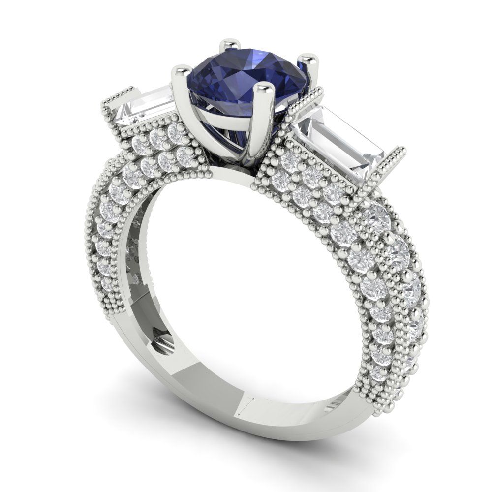 2.33 cttw Simulated Blue Sapphire Three-Stone Engagement Ring - Solid Gold (Round Cut,6.5mm)